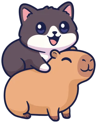 Illustration of a smiling grey cat riding on a happy capybara