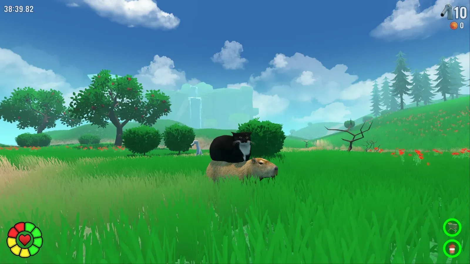 Cat riding Capy through a sunny green meadow