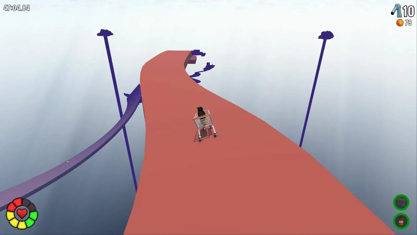A shopping cart racing along a winding red track in the sky