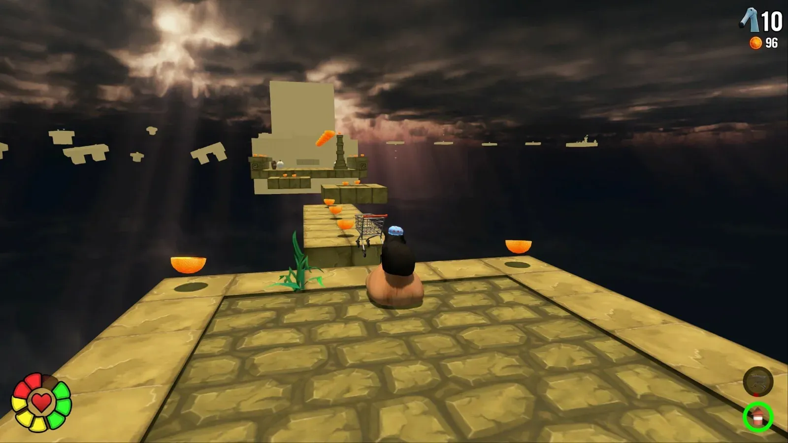 Floating stone platforms in a stormy temple world