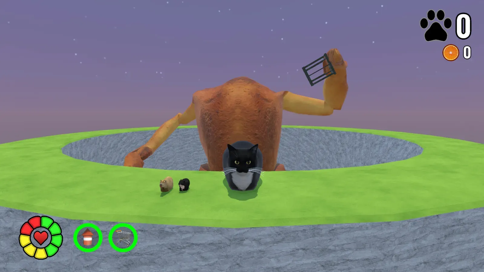 A huge creature swinging a cage in a circular boss arena
