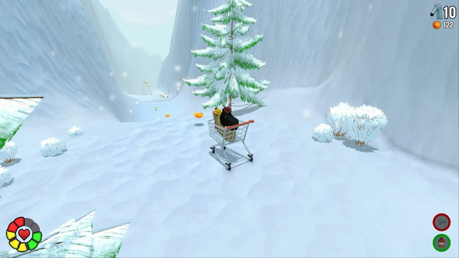 Riding a shopping cart down a snowy slope past a pine tree