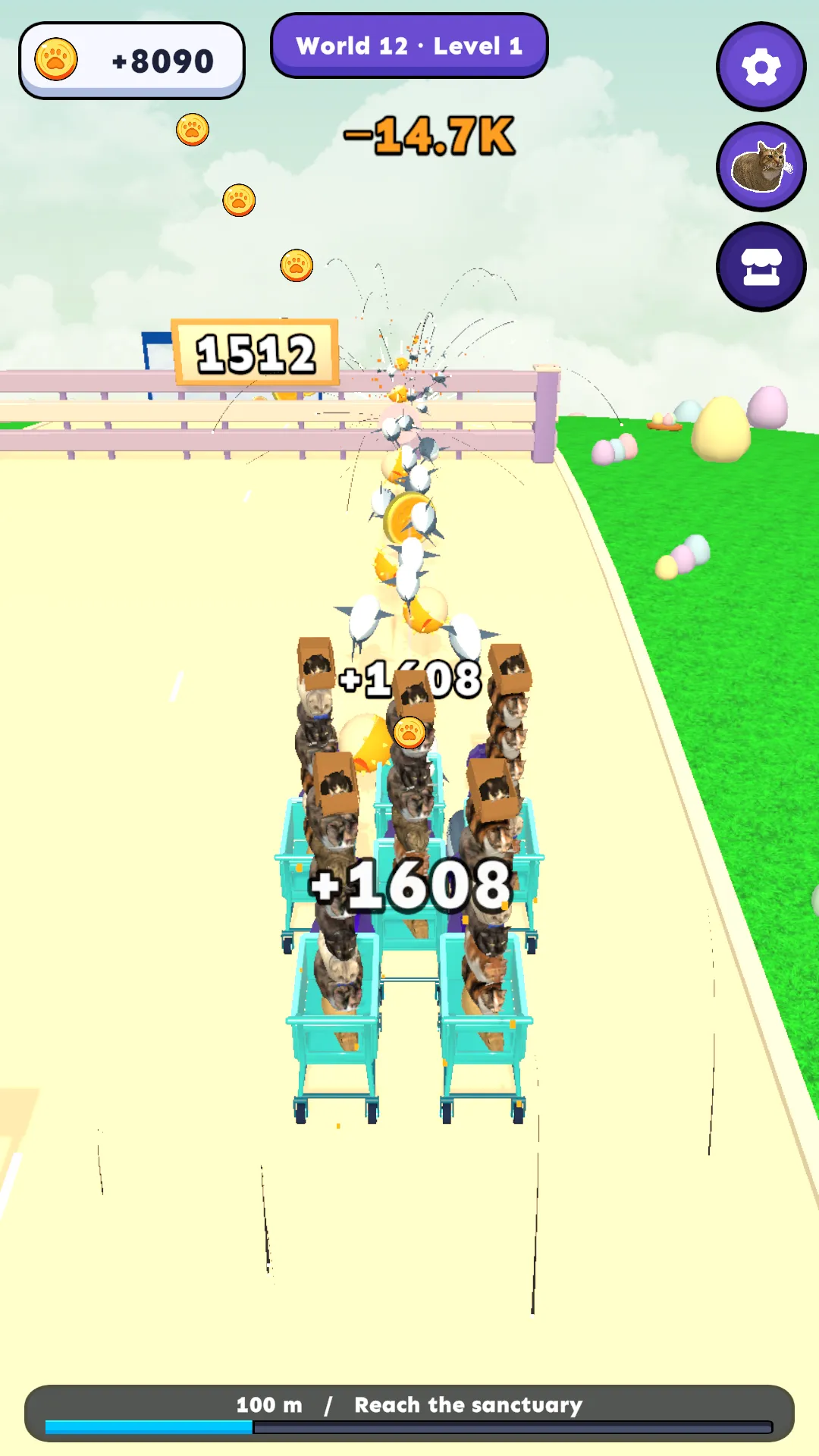 A huge stacked cat army blasting through a barricade
