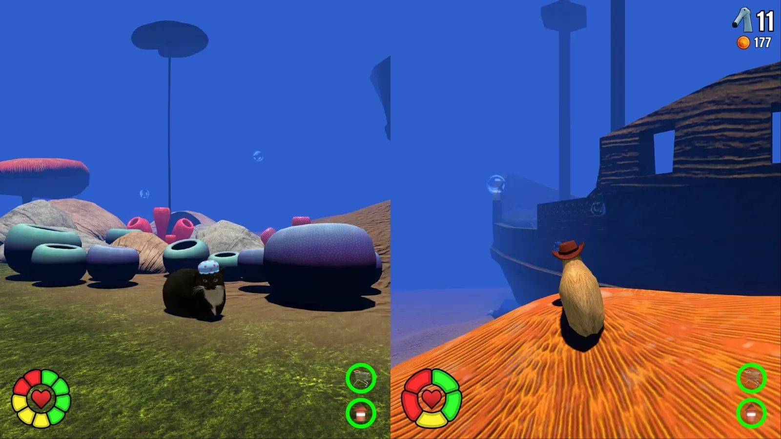Split-screen co-op in an underwater world with a sunken ship