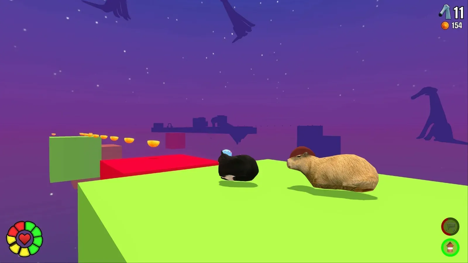 Cat and Capy on bright platforms under a purple night sky