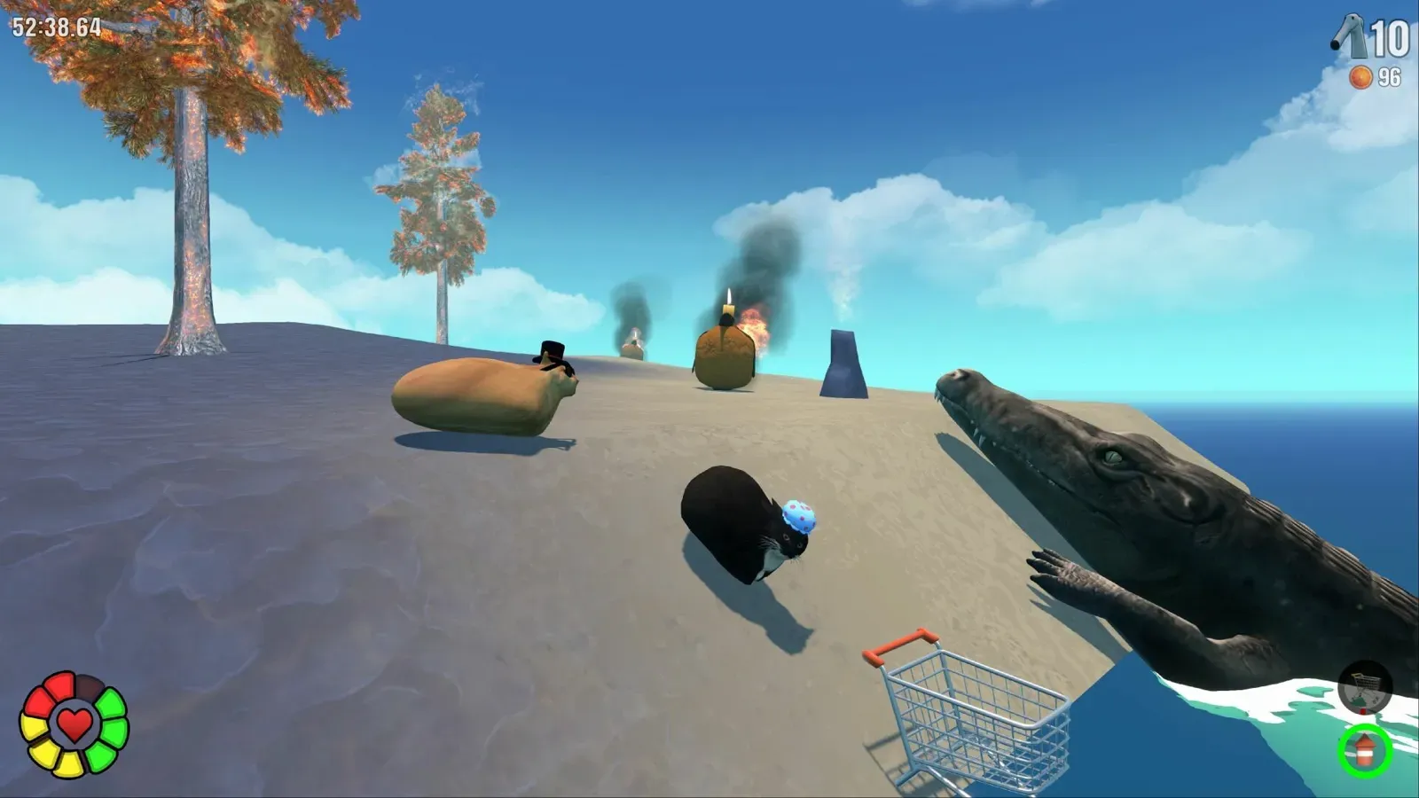 A sandy beach with a whale, a volcano and a capybara in a top hat